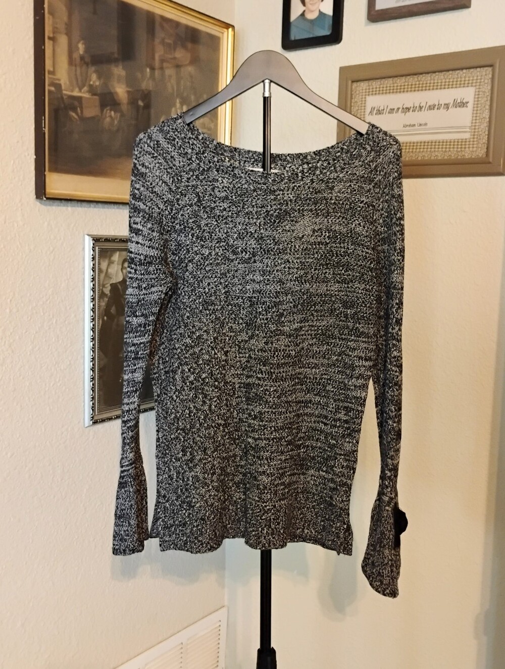 Ann Taylor Loft Black Gray Heather Bell Tie Sleeve Knit Sweater